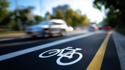 Obraz premium A bicycle lane symbol painted on asphalt, with blurred cars and trees in the background, suggesting urban mobility. 