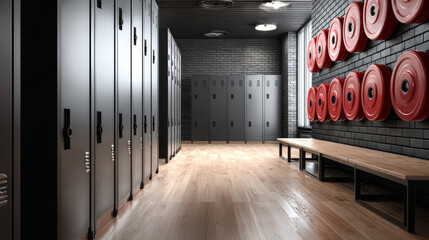 Metal locker wooden floor bench fire hose reel brick wall window industrial ceiling locker room safety equipment interior design