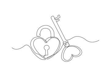 Vintage key house with padlock in continuous one line drawing. Single line art illustration of romantic key love.