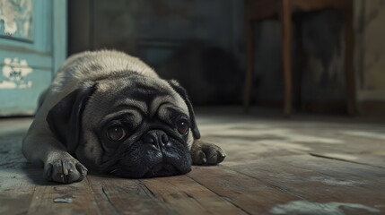 Obraz premium Pug Dog Lying Floor Sad Expression Home Interior