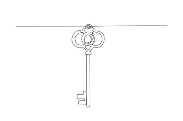 Vintage key house in continuous one line drawing. Single line art illustration of antique key.
