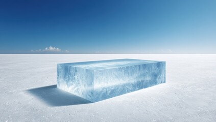 Obraz premium Rectangular clear ice block on white snowy surface beneath a sunny blue sky with scattered clouds. Casts a subtle shadow. Cold, pristine, and isolated scene
