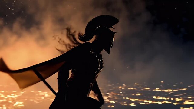 Silhouette Spartan warrior with in fire background