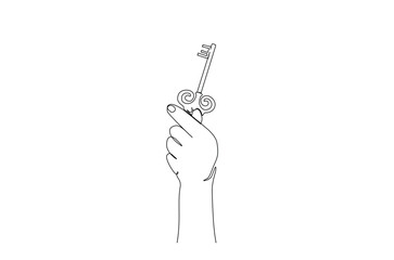 Hand holding vintage key house in continuous one line drawing. Single line art illustration of antique key.