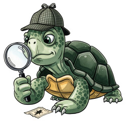 Fototapeta premium a funny cartoon green lturtle playing detective, watercolour painting