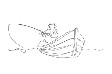 Fisherman fishing in the boat in continuous one line drawing. Single line art illustration of fisherman.