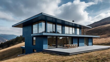 Modern Blue Box House in Hilly Landscape