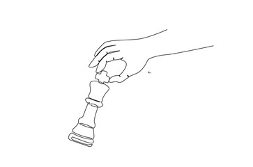 Hand holding king chess in continuous one line drawing. Single line art illustration of hand holds chess piece.