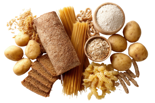 Assorted grains and starchy foods arranged in a top-down, close-up view.  Whole wheat bread, pasta, potatoes, flour, and other grains are visible