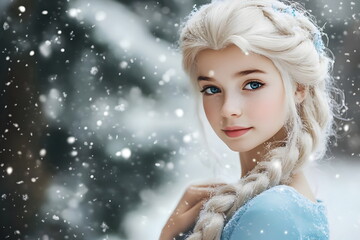 Magical Winter Princess with Braided Hair in Snowy Landscape