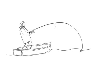 Fisherman fishing in the boat in continuous one line drawing. Single line art illustration of fisherman.