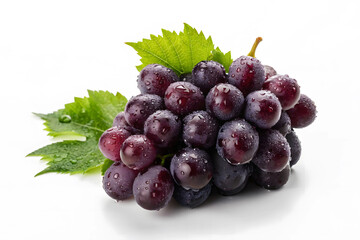 Fresh Purple Grapes with Leaf and Water Droplets on White Background