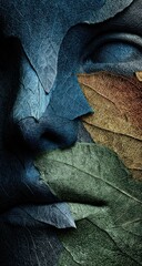 Leaf-Adorned Face. Abstract image of a human face overlaid with various colored leaves creating a surreal portrait, partially obscured. Eye visible. Play of light and shadow