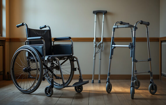 Streamlined 3D Render of Wheelchair, Walker, Crutches - Powered by Adobe