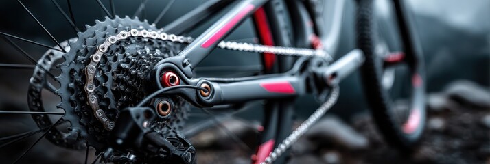 Mountain bike close-up showcasing the gears and frame in a rugged outdoor setting during twilight