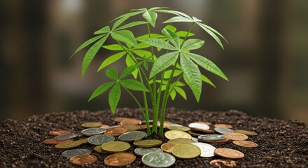 Money Tree Growing in Soil with Coins Investment Concept.