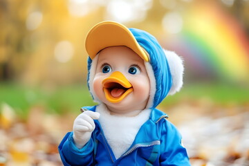 Adorable Baby Duckling Doll Playing Outdoors With Colorful Nature Background