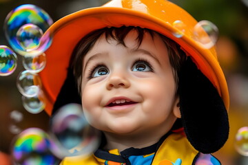 Joyful Child Fascinated by Colorful Bubbles Outdoor Playful Experience