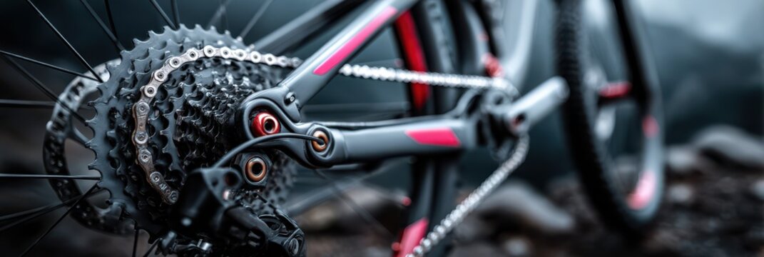 Mountain bike close-up showcasing the gears and frame in a rugged outdoor setting during twilight