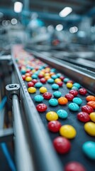 Naklejka premium Colorful candies move along a conveyor belt in a factory during production process