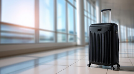 Hard-shell black suitcase standing alone in an empty airport terminal with sunlight streaming through the windows.
