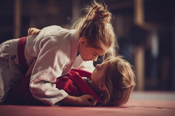 Young girls engage in Brazilian jiu jitsu training, demonstrating skills and techniques in a supportive environment during a practice session