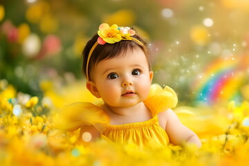 Adorable Baby Yellow Dress Flower Field Sunshine Rainbow Smiles Joyful Innocence Nature Beauty