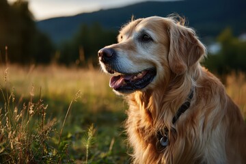 Golden Retriever dog happily enjoying a sunny day outdoors in a scenic field surrounded by mountains
