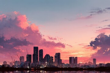 Fototapeta premium Cityscape illustration featuring a vibrant pink sunset over tall buildings with clouds reflecting in the water during dusk, creating a serene urban atmosphere