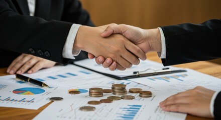 Business Handshake Over Financial Charts and Coins.