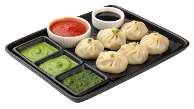A plate of delicious dumplings with various sauces is isolated on transparent background