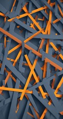 Abstract chaos of gray and orange rectangles overlapping in a dense pile. Perspective is aerial, highlighting the geometry and randomness