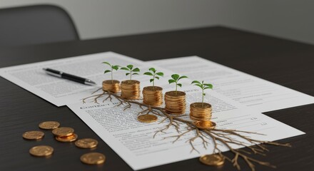 Growing Money Concept: Coins with Plants on Contract.