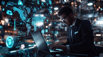 Businessman working on a laptop in a modern, digital environment.