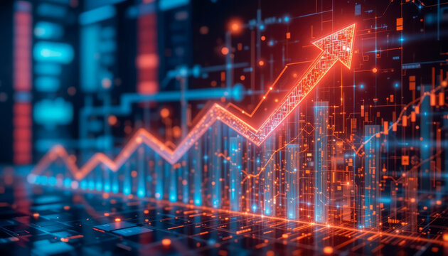 A dynamic visualization depicts upward trending data, symbolizing growth and technological advancement.  The image uses vibrant orange and blue hues to represent data points and an upward-pointing arr