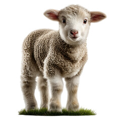 Fototapeta premium A fluffy baby lamb stands on green grass, isolated on a transparent background on transparent background