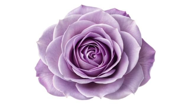 A closeup of a purple rose bloom isolated on transparent background reveals the intricate details of its delicate petals