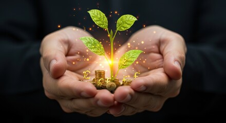 Hands holding growing plant with money investment concept.