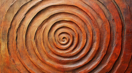 Intricate spiral carved wood design rich reddish brown tones