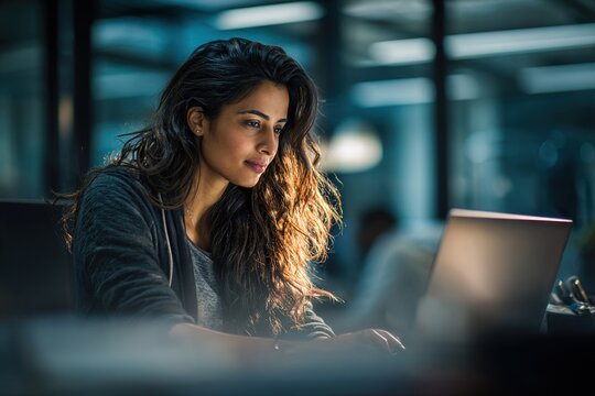 Focused young professional it specialist latin hispanic business working on laptop pc sitting at desk in modern office. Middle eastern indian woman using computer technology app for work. Copy space