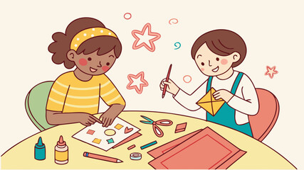 Art and craft table with kids making paper decorations