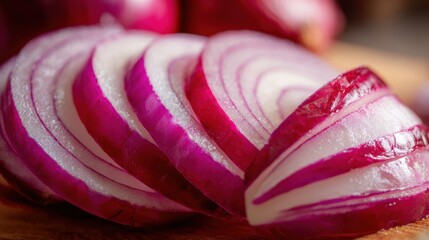 Freshly sliced red onions rest on a wooden cutting board, showcasing their vibrant layers, set against a softly lit kitchen background perfect for cooking.