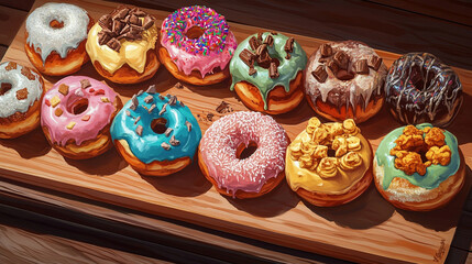 Delicious assorted donuts on wooden board sweet treats bakery dessert yummy sugary glazed sprinkles chocolate
