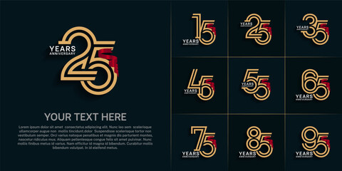 Anniversary logo style double line number set. golden color and red ribbon for celebration event