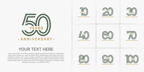 Anniversary logo style double line number set. brown and green color on white background for celebration event
