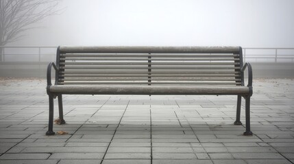 Empty park bench on a foggy day.