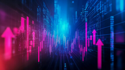 Fototapeta premium A vibrant digital visualization showcasing upward trending market data, depicted as glowing arrows within a futuristic, neon-lit cityscape of code.