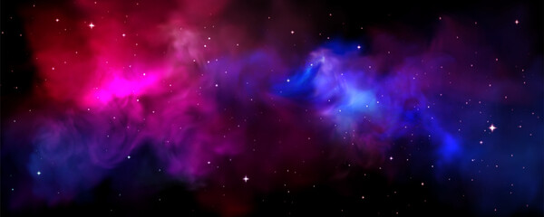 Cosmic space nebula with vibrant colors - purple, pink and blue stellar clouds, glowing stars scattered across galaxy, planet atmosphere background for astronomy or universe exploration design.