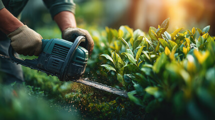 Person in green shirt is trimming hedge with electric hedge trimmer, surrounded by lush greenery and sunlight