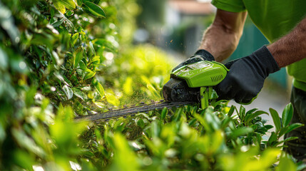 Man in green shirt trimming hedge with electric hedge trimmer, wearing gloves for safety. lush greenery is vibrant and well maintained